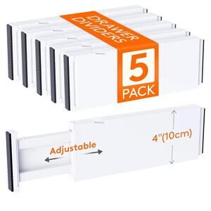 5 Pack Drawer Dividers 4" High, 11-17"Adjustable
Dresser Drawer Organizers White